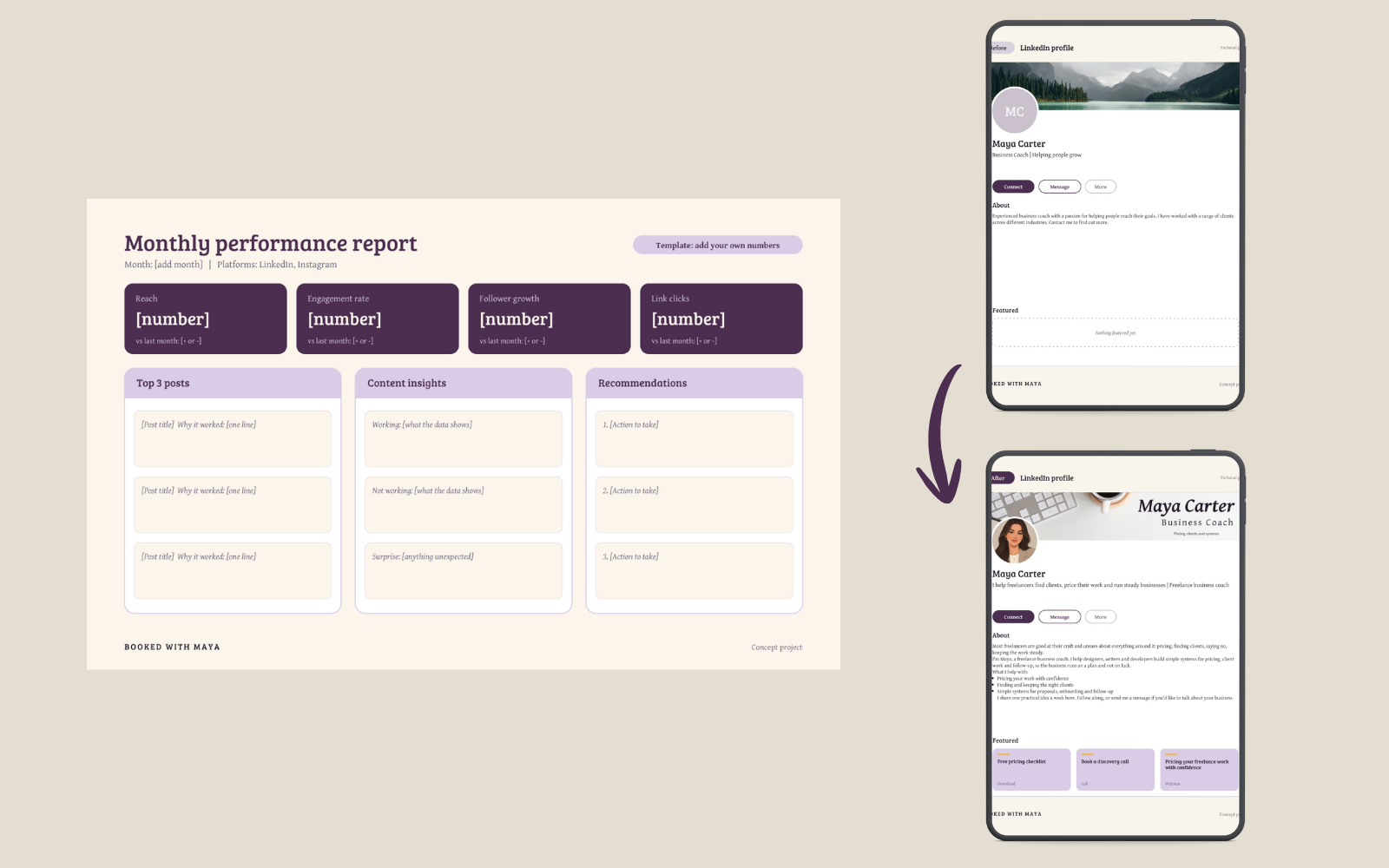 Before and after LinkedIn profile for Booked with Maya, with the monthly report template, in a plum and marigold palette.