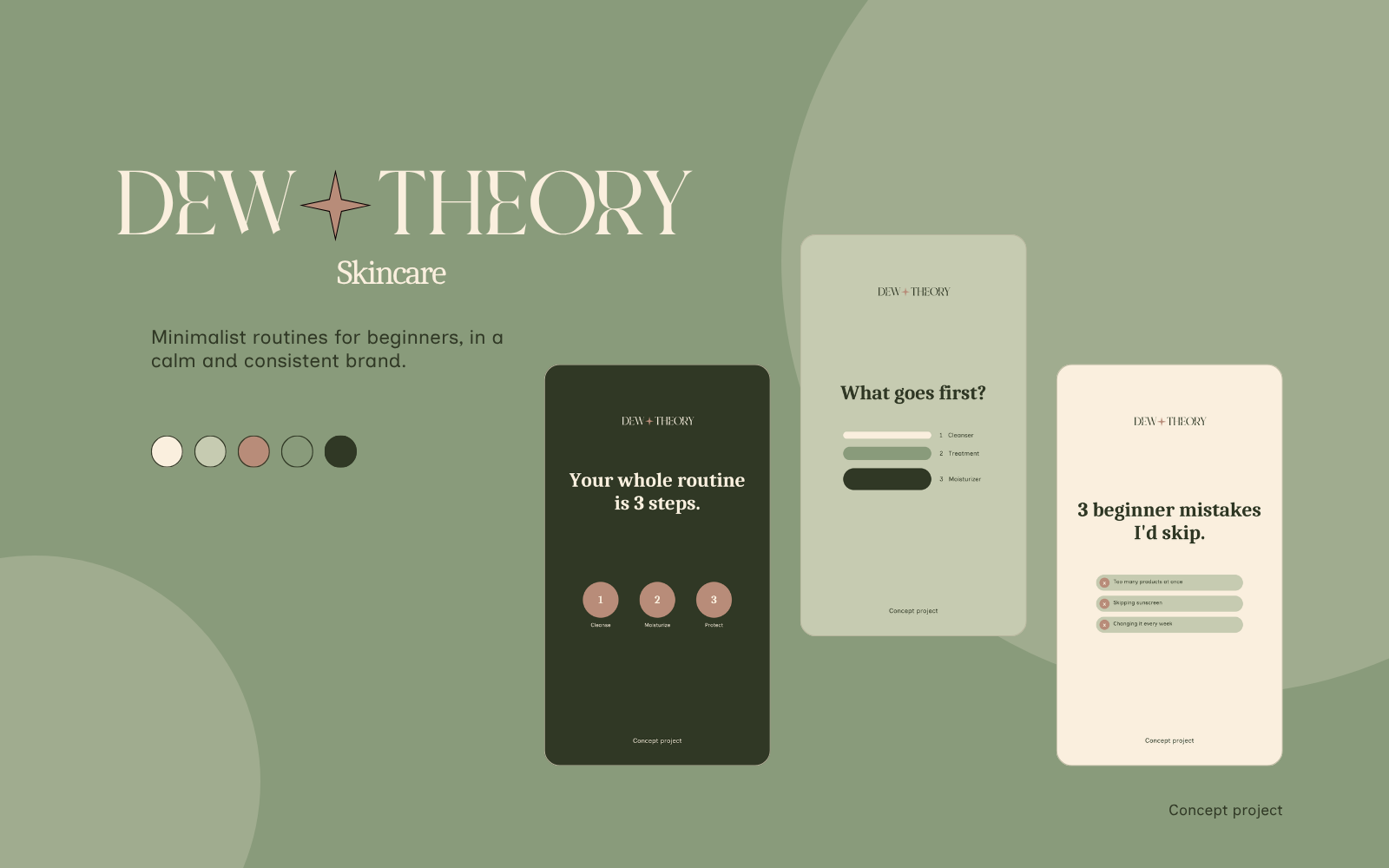 Dew Theory Reel covers in a row on a sage green background, beside the brand wordmark and color palette.