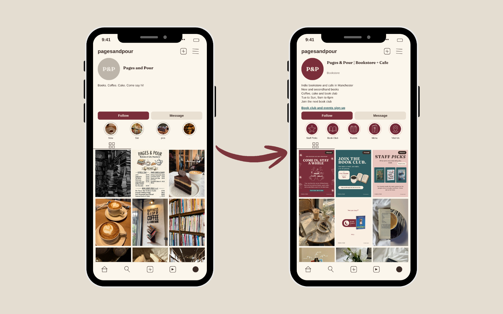 Before and after Instagram profile mockups for Pages & Pour on two iPhones, showing the clearer name, bio, Highlights and pinned posts.