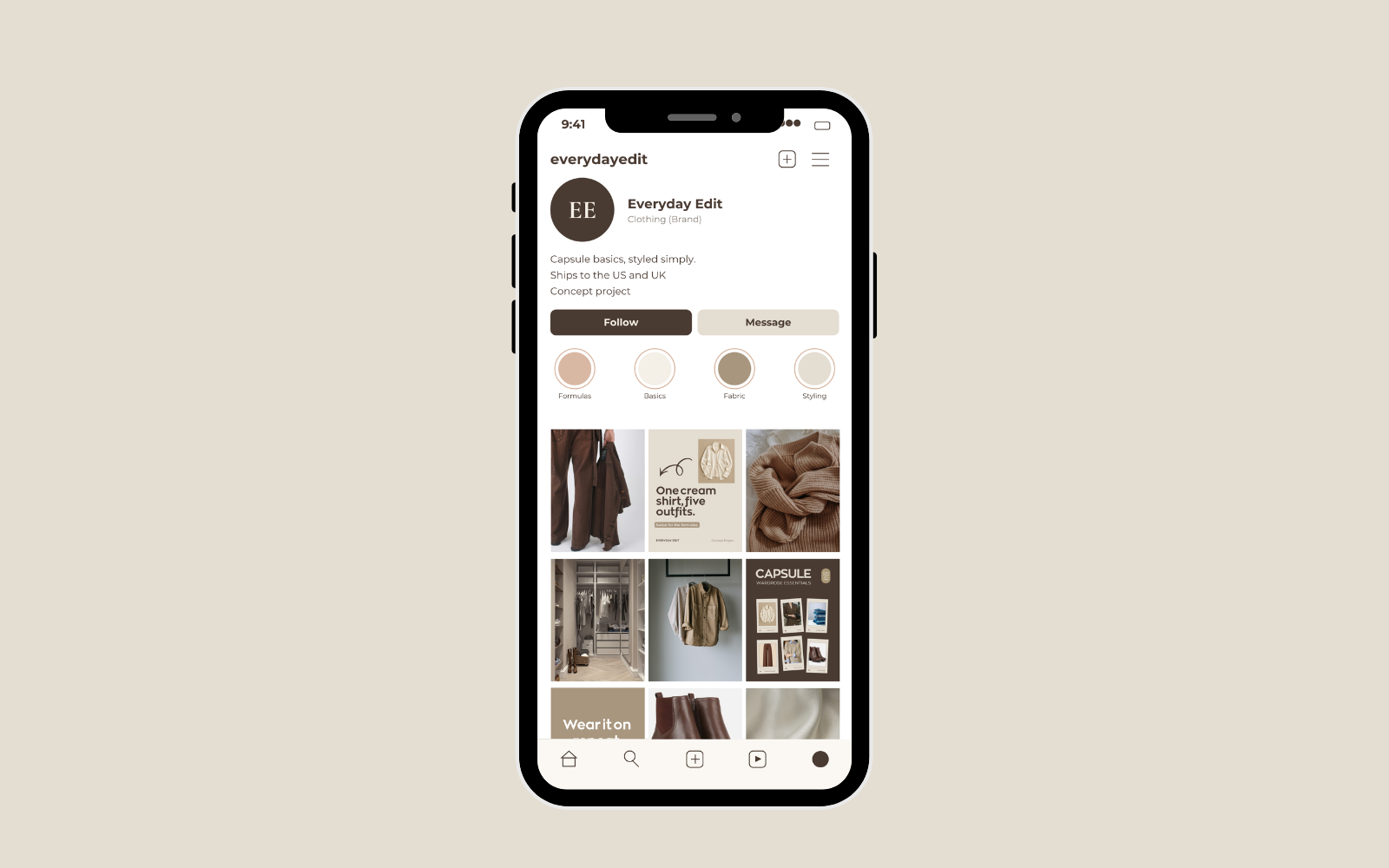 Instagram profile mockup of the Everyday Edit feed on a phone, showing the Capsule Wardrobe Essentials and the 7-slide carousel alongside product spotlights.